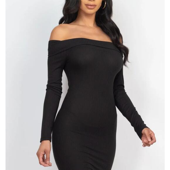Ribbed Off Shoulder Black  Bodycon Dress | Capella - Picture 4 of 4